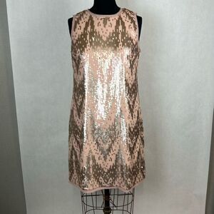 Vince Camuto Sequined Dress Sz 12 Chevron Blush Pink Silver Raw Hem Sleeveless L